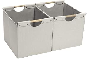 HOONEX Large Foldable Storage Bins, Linen Fabric, 2 Pack, with Wooden Carry Handles and Sturdy Heavy Cardboard, for Home, Office, Car, Nursery, Beige