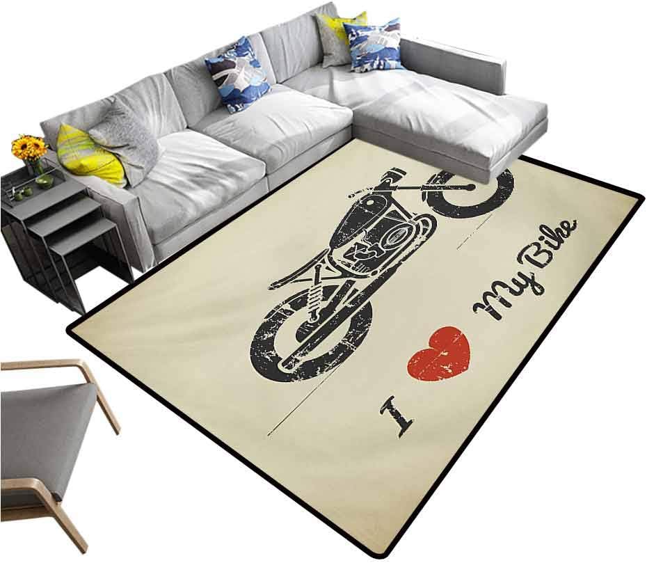 Manly Rug Pads Vintage Grunge Flat Looking Motorcycle and I Love My Bike Text Silhouette Extra Comfy and Soft Carpet Charcoal Grey Khaki (6'6"x8')