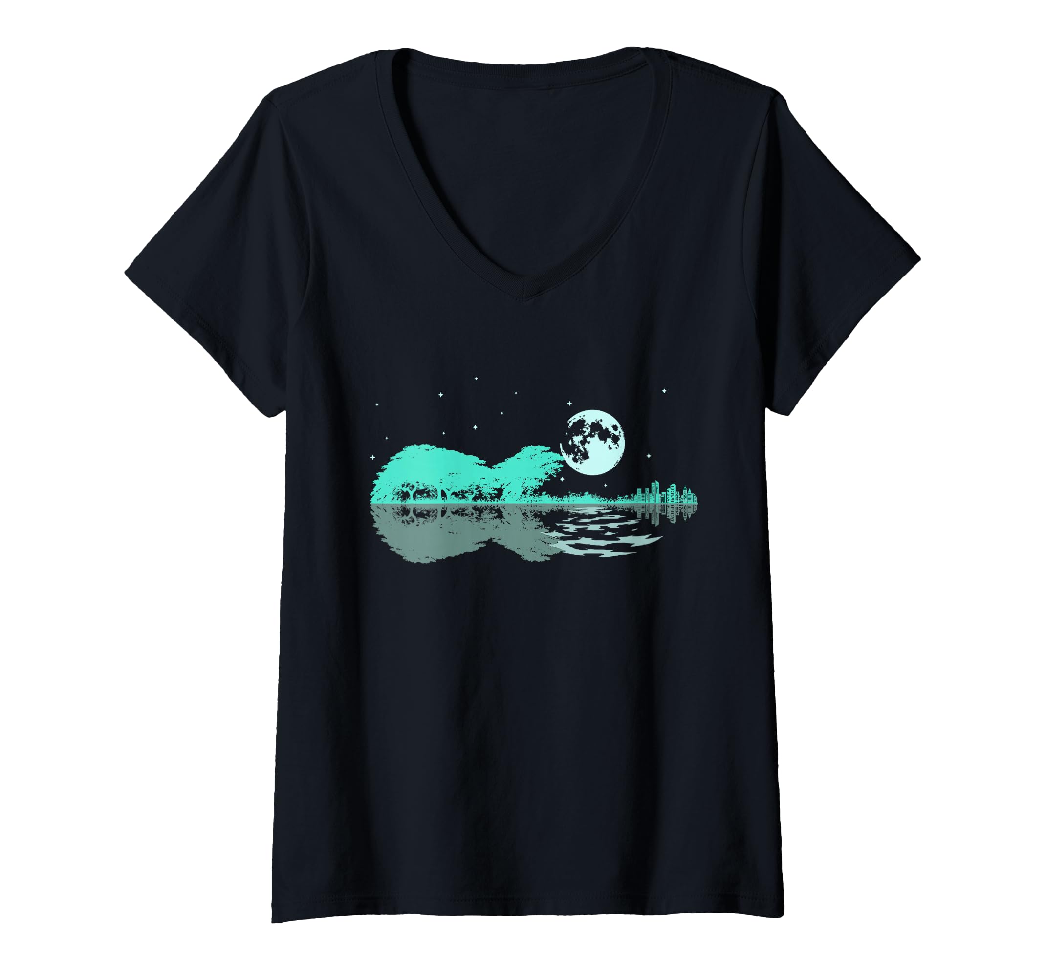 Womens Night Lake Electric Guitar Reflections Guitar Lovers V-Neck T-Shirt