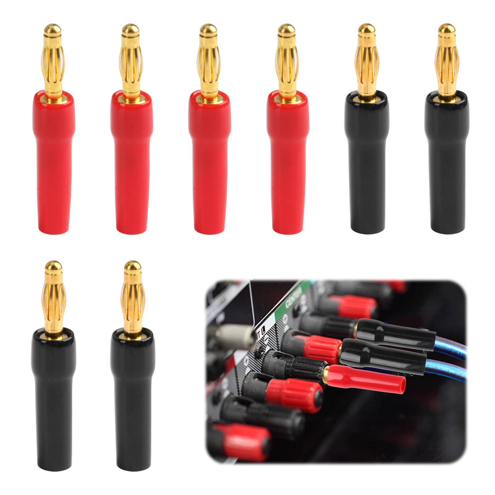 8PCS 4mm Banana Plugs Open Screw Type, 24K Gold Plated Banana Speaker Connectors Banana Cable Plugs Audio Jack Connector for Speaker Wire Sockets Amplifier Hi-Fi AV Receiver Stereo Home Theatre Audio
