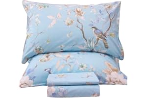 QSH Floral Bed Sheets Set Queen Size - Luxury Bird Butterfly Print Bed Sheet Set - 100% Egyptian Cotton Extra Soft and Breathable - 4 pcs Deep Pockets Flower Bed Sheets