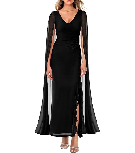 Lrady Women's Formal Evening Gowns High Split Ruffle Wedding Guest Cape Sleeve Cocktail Party Maxi Dresses, Black, Small : Clothing, Shoes & Jewelry