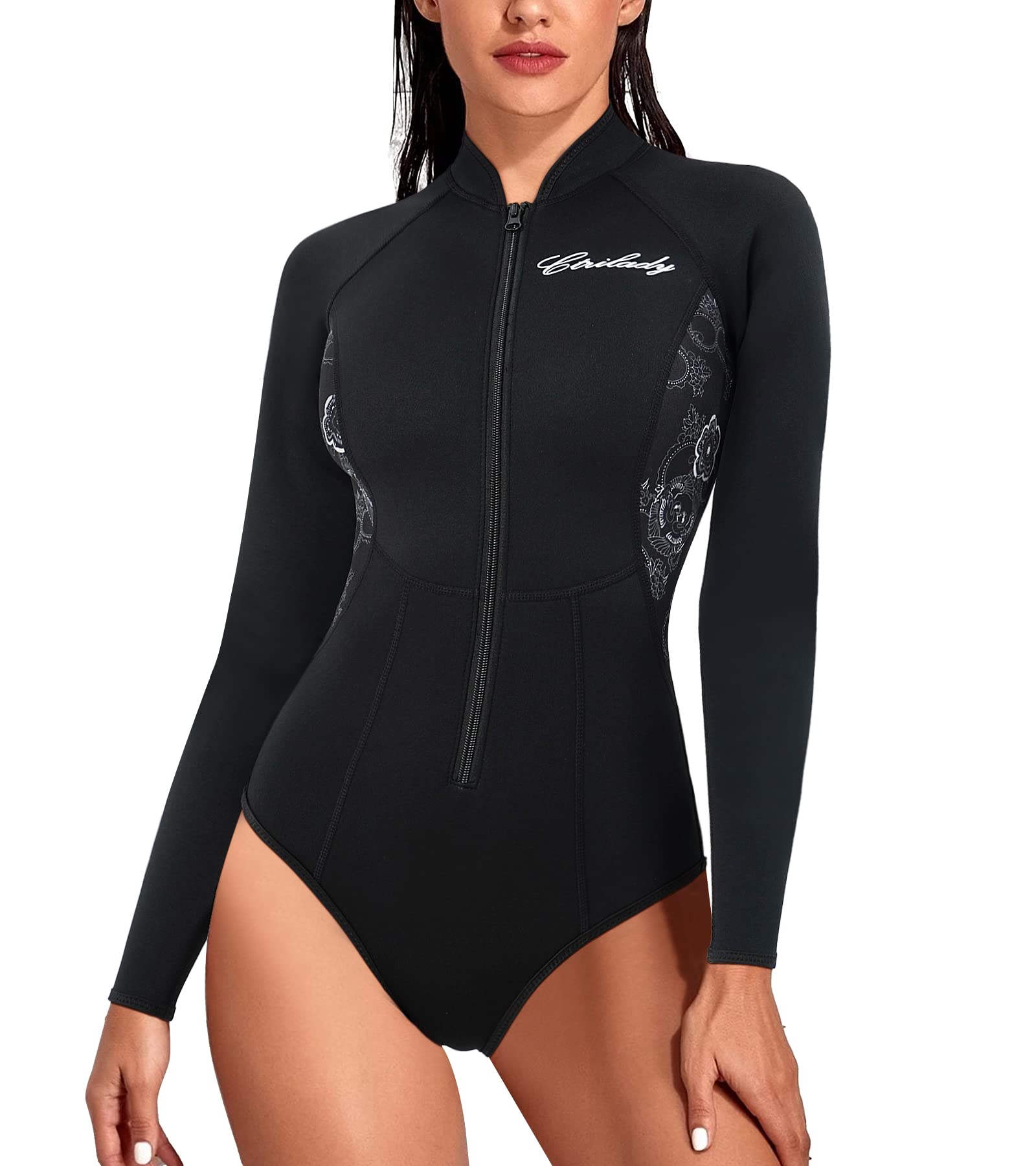 CtriLady Women's Neoprene Wetsuit Long Sleeve Swimsuit with Front