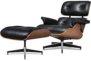 Tranqu Mid Century Chaise Lounge Chair with Ottoman Top Black Grain Leather High-Resilience Foam Cushions Ergonomic Design for Living Room Study Lounge Office Walnut Black