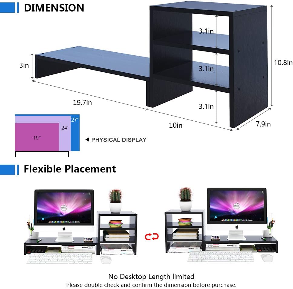 Wood Computer Monitor Stand Riser with Storage Organizer Black 3 Tier Desk Shelf Desktop PC Screen Raiser Stand Holder Rack for Home Office (29.7in, Indepent Design, Space Saver) : Office Products