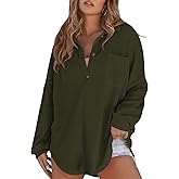 Poetsky Womens Waffle Knit Tops 2026 Oversized Long Sleeve Henley Shirts Fall Casual V Neck Loose Fit Tunic Blouse