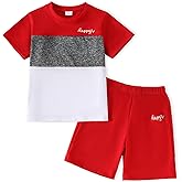 Yoxindax Toddler Kid Boy Clothes Colorblock Letter Graphic Tee Shorts 2PC Summer Outfit Set