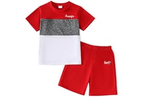 Yoxindax Toddler Kid Boy Clothes Colorblock Letter Graphic Tee Shorts 2PC Summer Outfit Set