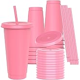 24 oz Plastic Cups With Lids and Straws, Sturdy & Food-Safe Iced Coffee Cups With Lid, Plastic Tumbler Reusable, Drinking Cups for Cold Drinks, Milkshakes, Smoothies - Pink(12 Sets)