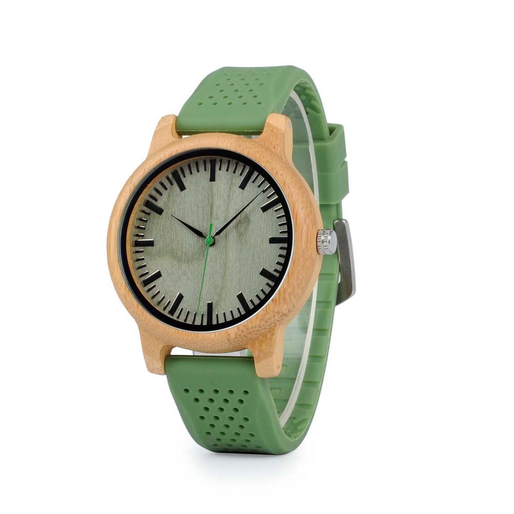 BOBO BIRD Mens Womens 44mm Natural Bamboo Wooden Watch Unisex Japan Analog Quartz Green Silicone Strap Sports Casual Watches with Gift Box