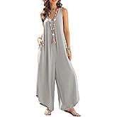 Happy Sailed Women's Jumpsuits Loose Overalls Summer Sleeveless Ruched V Neck Flared Wide Leg Pants Rompers with Pockets