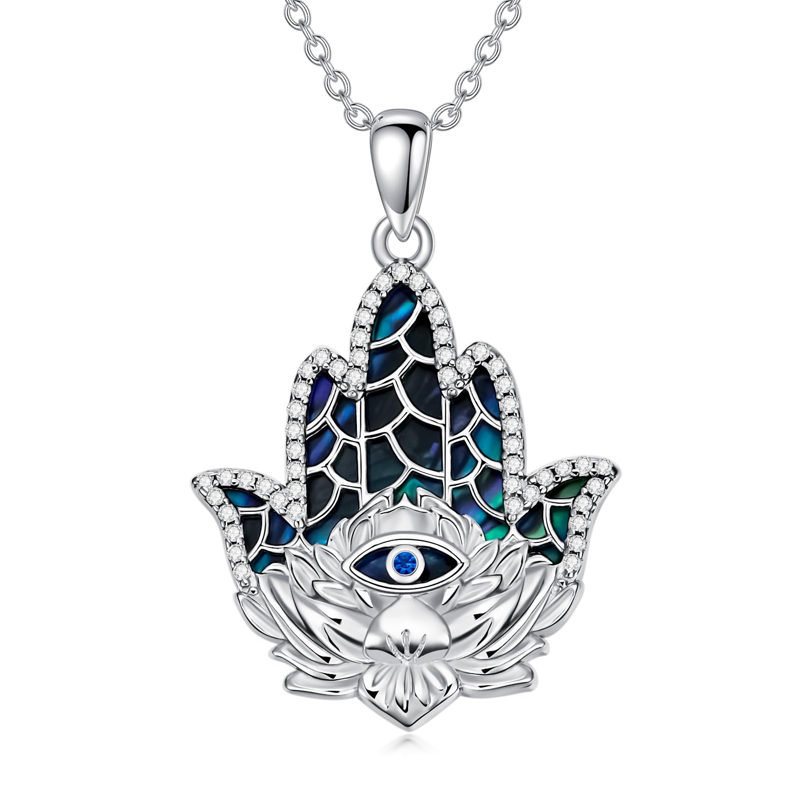 YFN Hamsa Fatima Necklace 925 Sterling Silver Lotus Pendant Necklace Hand of Fatima Abalone Jewellery Gift for Women