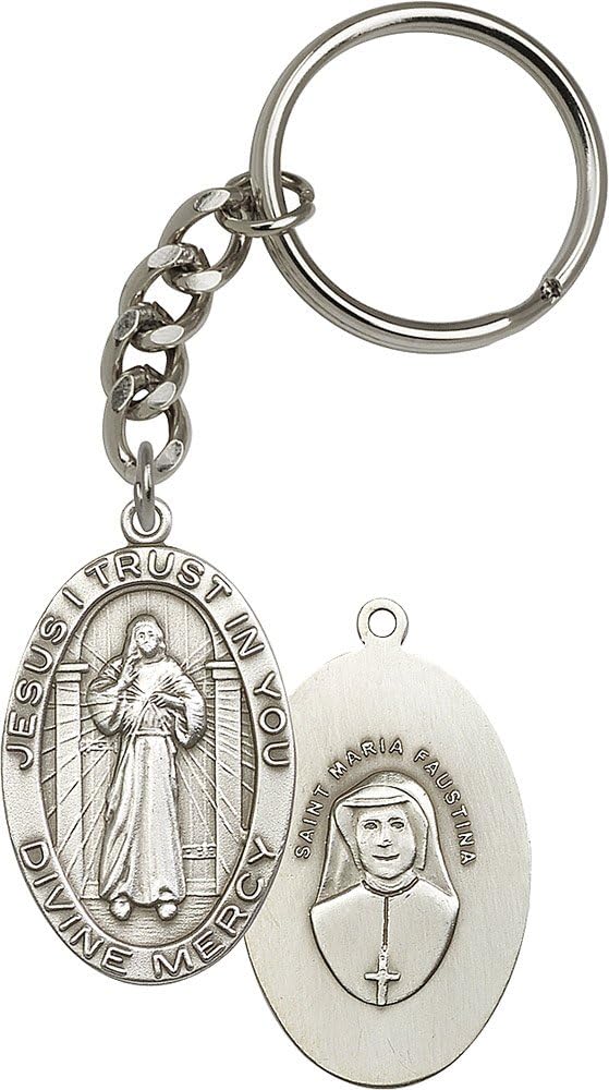 Antique Silver Divine Mercy Keychain Patron Saint 1 5/8 x 1