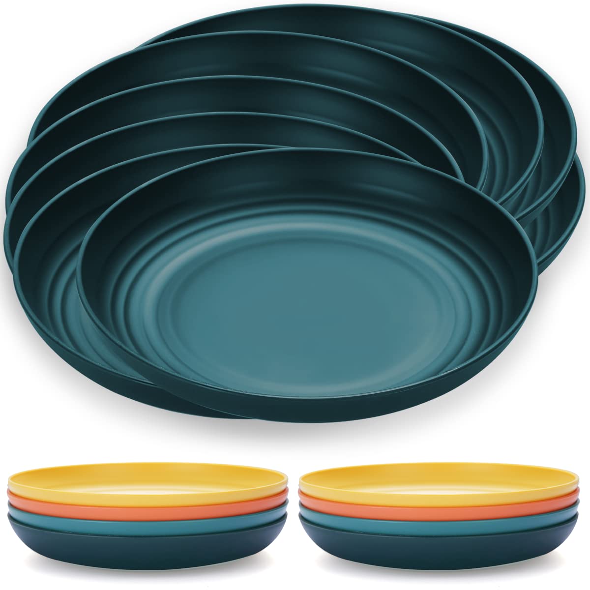 Kyraton 23 cm Large Deep Plastic Plates 8 Pieces, Unbreakable and Reusable Light Weight Dinner Plates Pasta and Dumpling Bowl Microwave Safe BPA Free Dishwasher Safe (Dark Green)