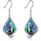 Cat Earring for Women Sterling Silver Teardrop Abalone Cat Dangle Earrings Jewelry
