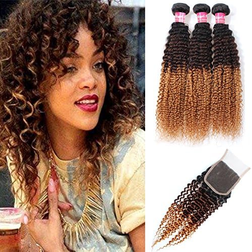Angels Beauty Ombre Brazilian Curly Hair Bundles with 4x4 Free Part Lace Closure 8A Brazilian 3 Tone Ombre Kinkys Curly Hair Extensions 95-100/pc (16 18 20 +14, #1B/#4/#27)