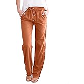 Women's Casual Cotton Linen Pants Fashion Drawstring Lightweight Summer Relax Fit Straight Leg Lounge Trouser