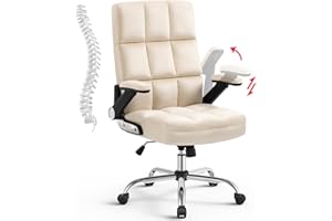 SEATZONE High Back Fabric Home Office Chair with Swivel, Executive Computer Desk Adjustable Tilt and Flip-up Armrest, Comfy Thick Padding Ergonomic Beige