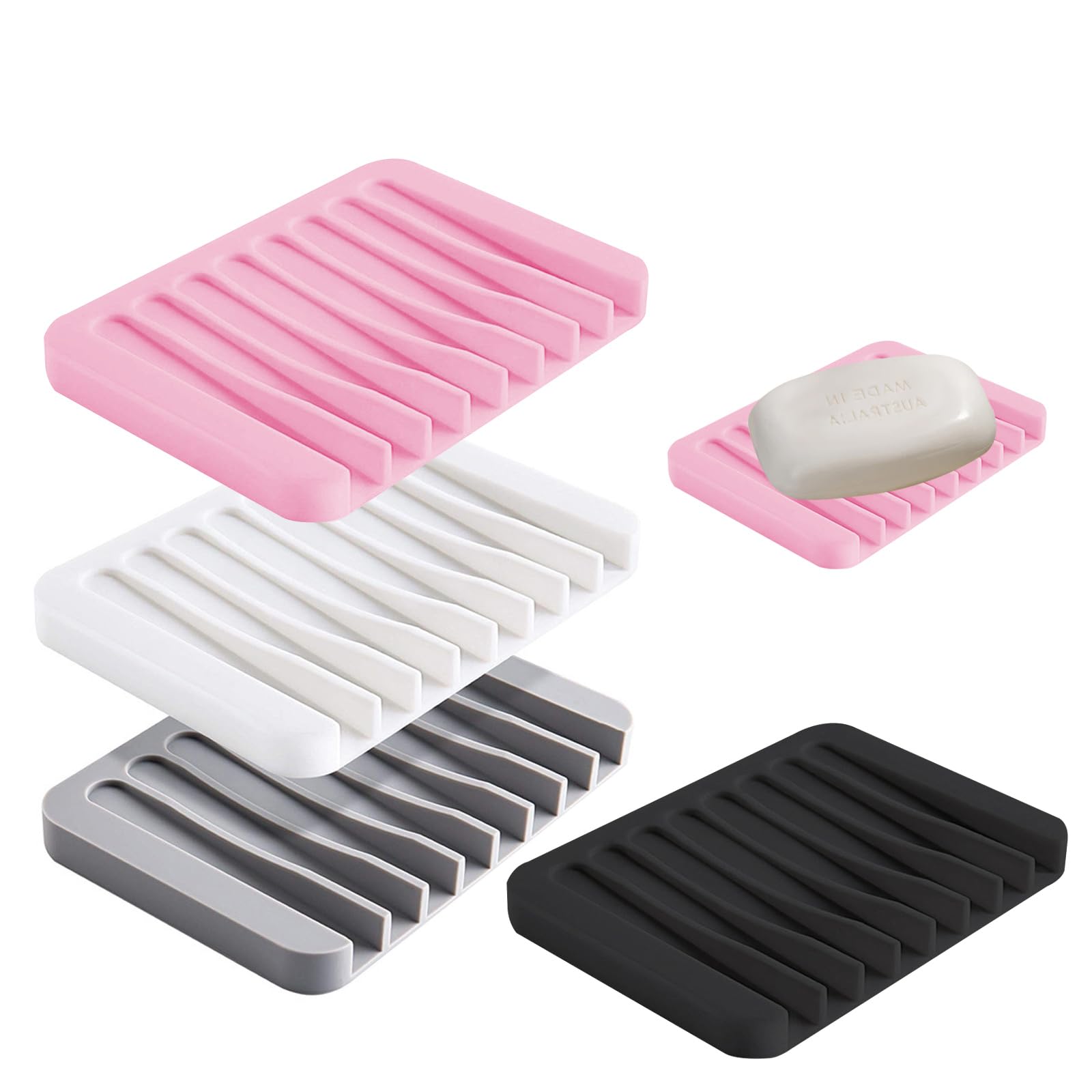 KASESSS 4 Pieces Silicone Soap Dish, Portable Soap Holder, Soap Box for Home, Easy Clean Soap Dishes for Bathroom, Non-slip Soap Case, Suitable for Bathroom, Kitchen, Counter Top and Shelf