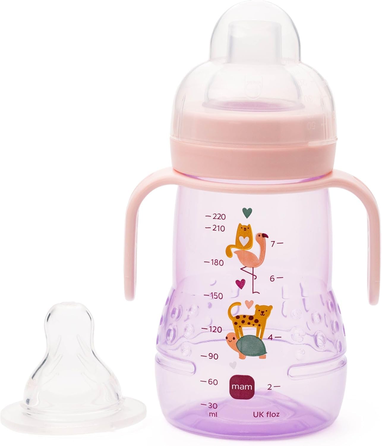 MAM Trainer+ Baby Bottle | 1 Pack (1 x 220ml) | Suitable from 4+ Months for Independent Drinking | Comes with Free Fast Flow MAM Teat Size 3 | Spill-Free | Pink (Various Designs)