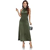 SITELUOYG Women's Elegant Mock Halter Neck Party Dress Sleeveless Satin Silk Cocktail Evening Maxi Dresses