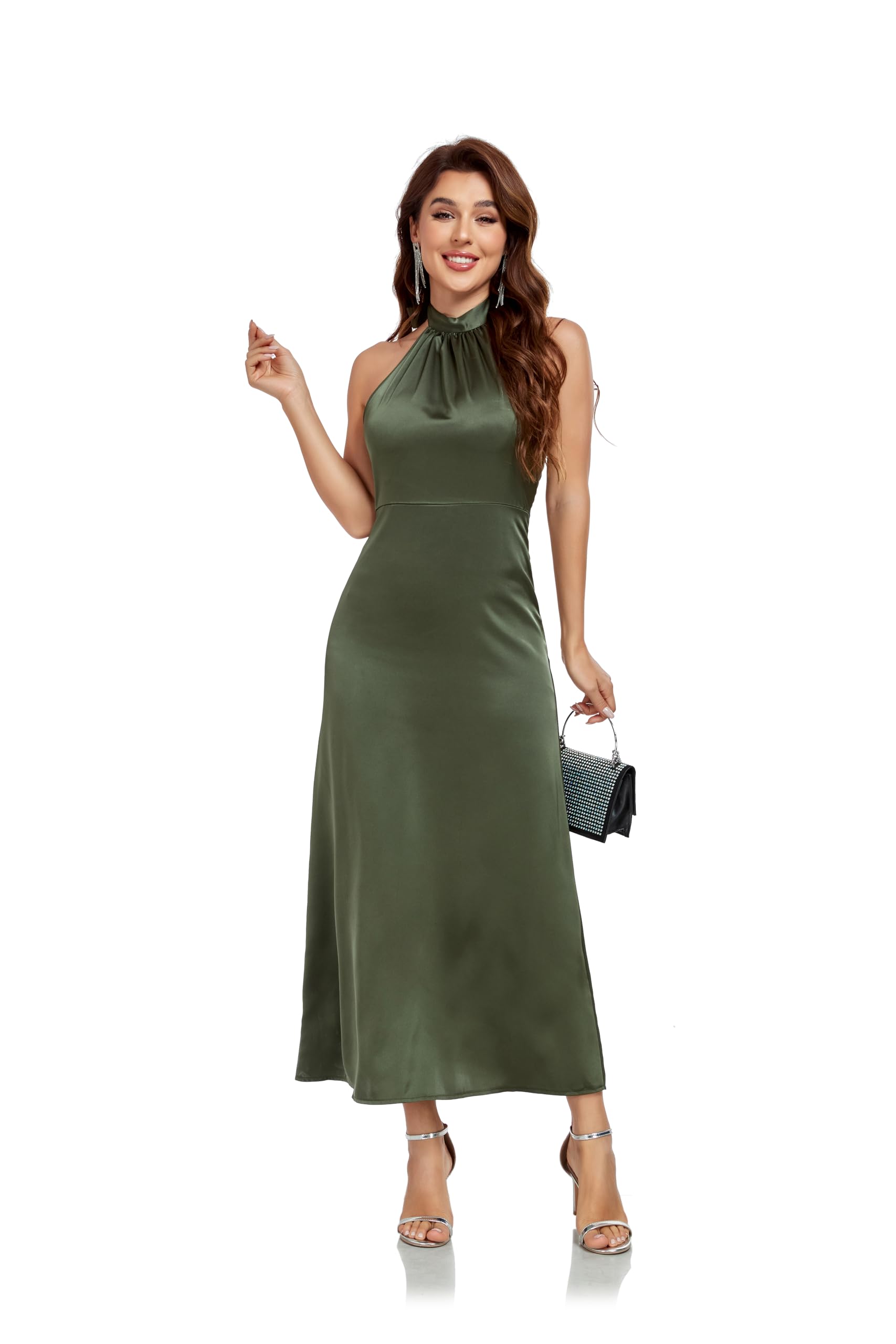 Photo 1 of SITELUOYG Women's Elegant Mock Halter Neck Party Dress Sleeveless Satin Silk Cocktail Evening Maxi Dresses Army Green