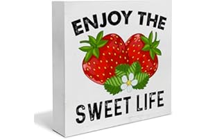 HEIJIE Farmhouse Strawberry Wood Box Sign Art Desk Decor 5"x5" Strawberries Wood Block Sign Decor With Saying for Home Kitchen Tabletop Shelf Wall