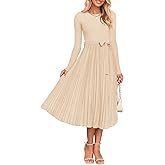 ZESICA Women's Fall Long Sleeve Midi Dress 2025 Casual Crewneck Knit Belted Pleated A Line Flowy Party Dresses
