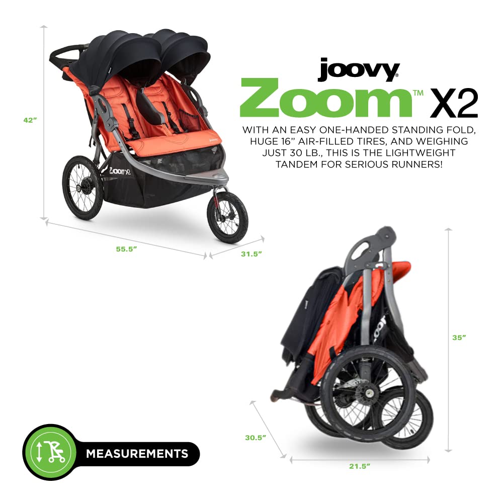 Joovy Zoom X2 Lightweight Performance Double Jogging Stroller Featuring Extra-Large Pneumatic Tires with Air Pump Included, Locking and Swiveling Front Tire, and Easy One-Handed Fold, Paprika
