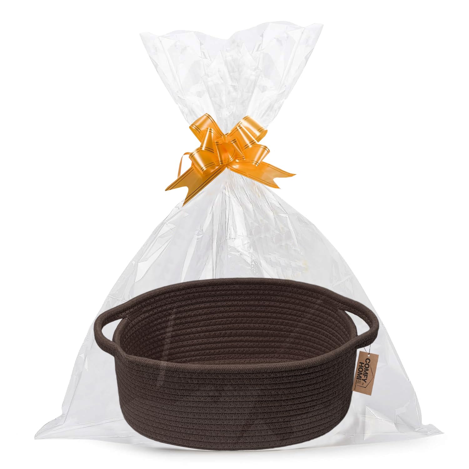 Photo 1 of COMFY HOMI Small Woven Baskets with Handles, Gift Bags and Ribbons - Durable Cotton Rope Storage Organizer for Baby Basket, Dog Toy Basket Box, Gift Baskets Empty, Mother’s Day-12x8x5 Inch, Brown