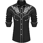JoZorro Men's Long Sleeve Pearl Snap Shirt Rhinestone Cowboy Cut Western Embroidered Casual Button Down Shirt