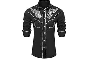 JoZorro Men's Long Sleeve Pearl Snap Shirt Rhinestone Cowboy Cut Western Embroidered Casual Button Down Shirt