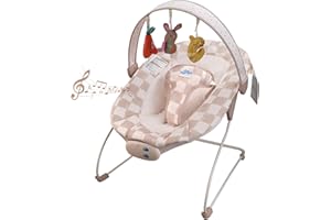 TINY MARVELS Baby Bouncer – Baby Bouncer seat, Infants Bouncy Seat with Music & Sensory Toys, Compact & Machine Washable Seat Pad Indoor Infant Seat, Ideal for Newborns 0-6 Months, Max Weight 20lbs (Sand Checker)