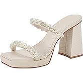 Coutgo Women's Platform Chunky High Heels Sandals Square Open Toe Strappy Pearl Slip On Slides