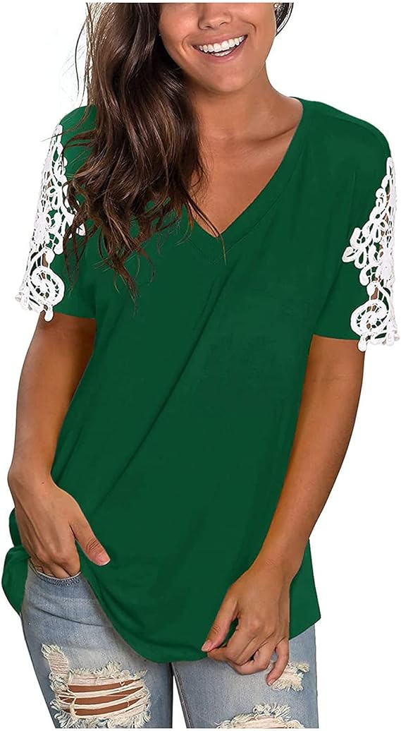 Womens Summer Tops, Lace Short Sleeve Blouse Loose V Neck T Shirts Women Solid Color Tops Plus