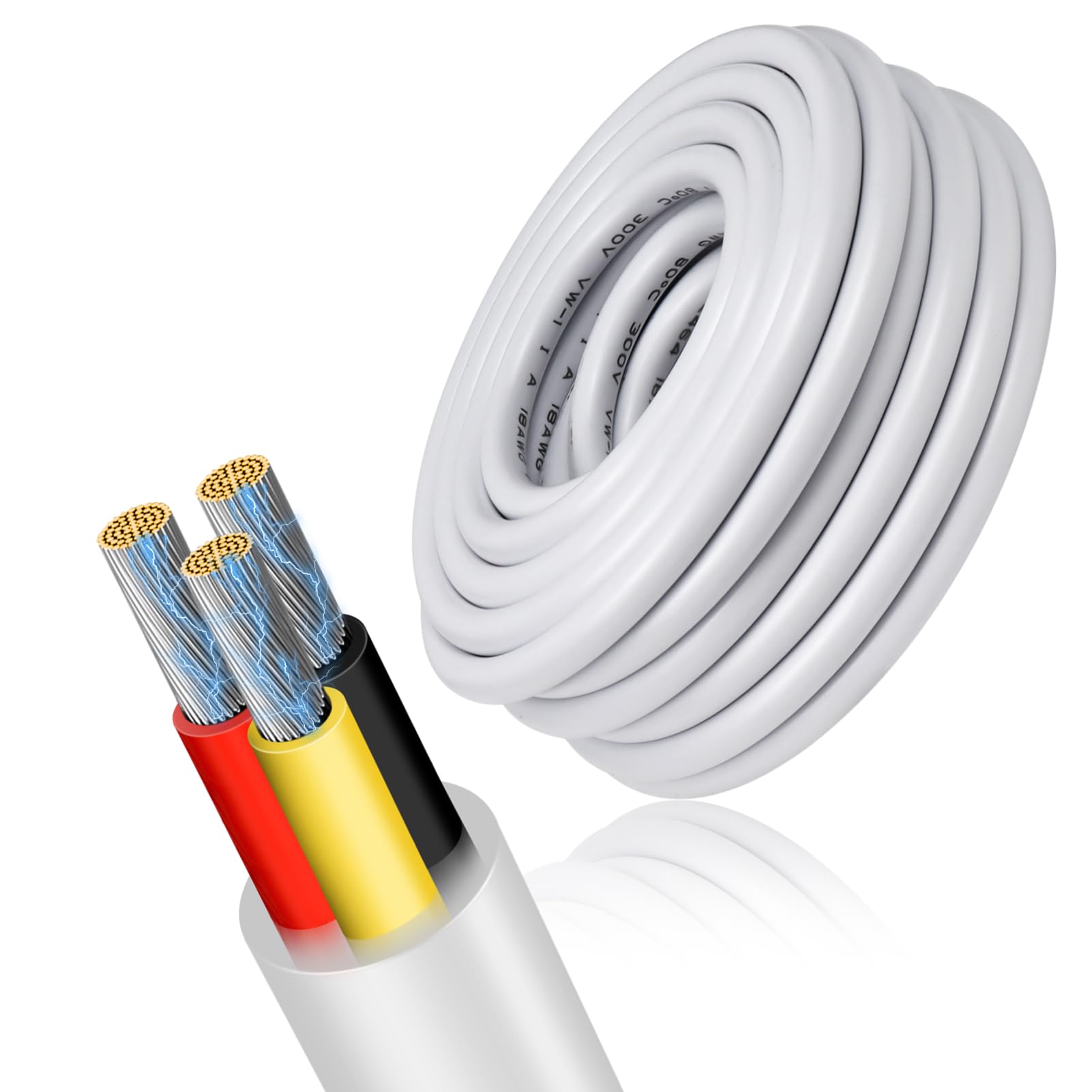 Photo 1 of 18 Gauge 3 Conductor Electrical Wire, 32.8FT Low Voltage 18/3 Tinned Copper Stranded 3 Wire Cable, 18 AWG White Flexible Extension Power Cord for Automotive, LED Lamp, Outdoor Landscape Lighting Etc