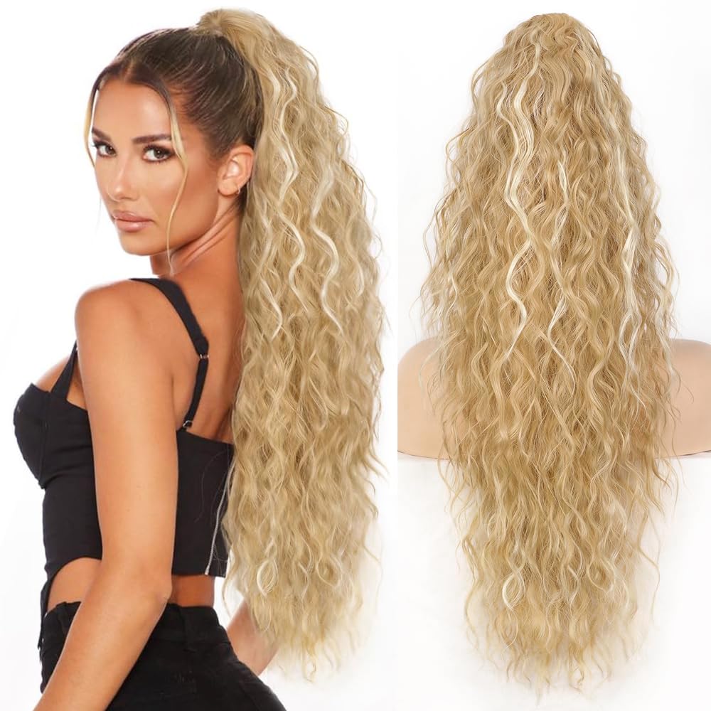 PORSMEER 30inch Long Curly Drawstring Ponytail Extension Natural Wavy Curly Synthetic Hairpiece for Women Daily Use Easy to Wear,Blonde with White Blonde Highlights โ image 1