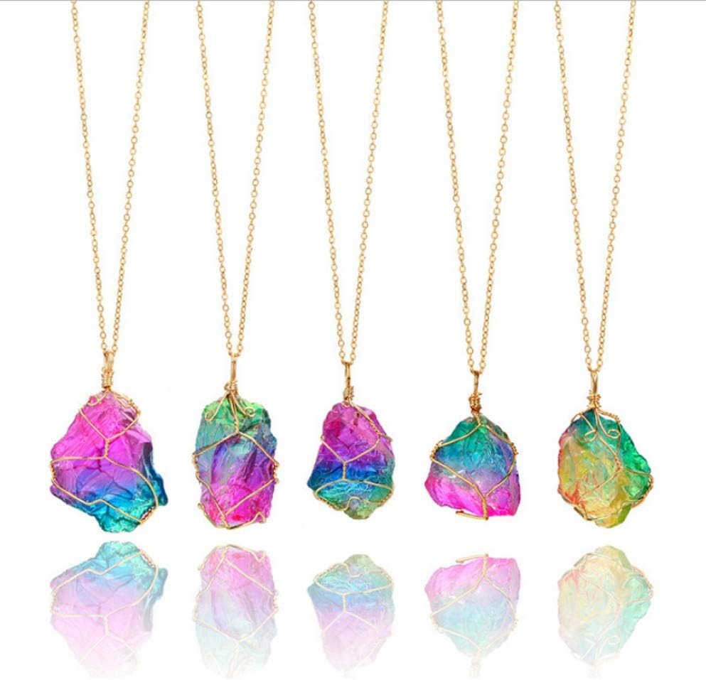 GUHUA Fashion Gift Rainbow Natural Stone Pendant Necklace Crystal Chakra Rock Necklace Gold Chain Quartz Long Necklace Female Irregular