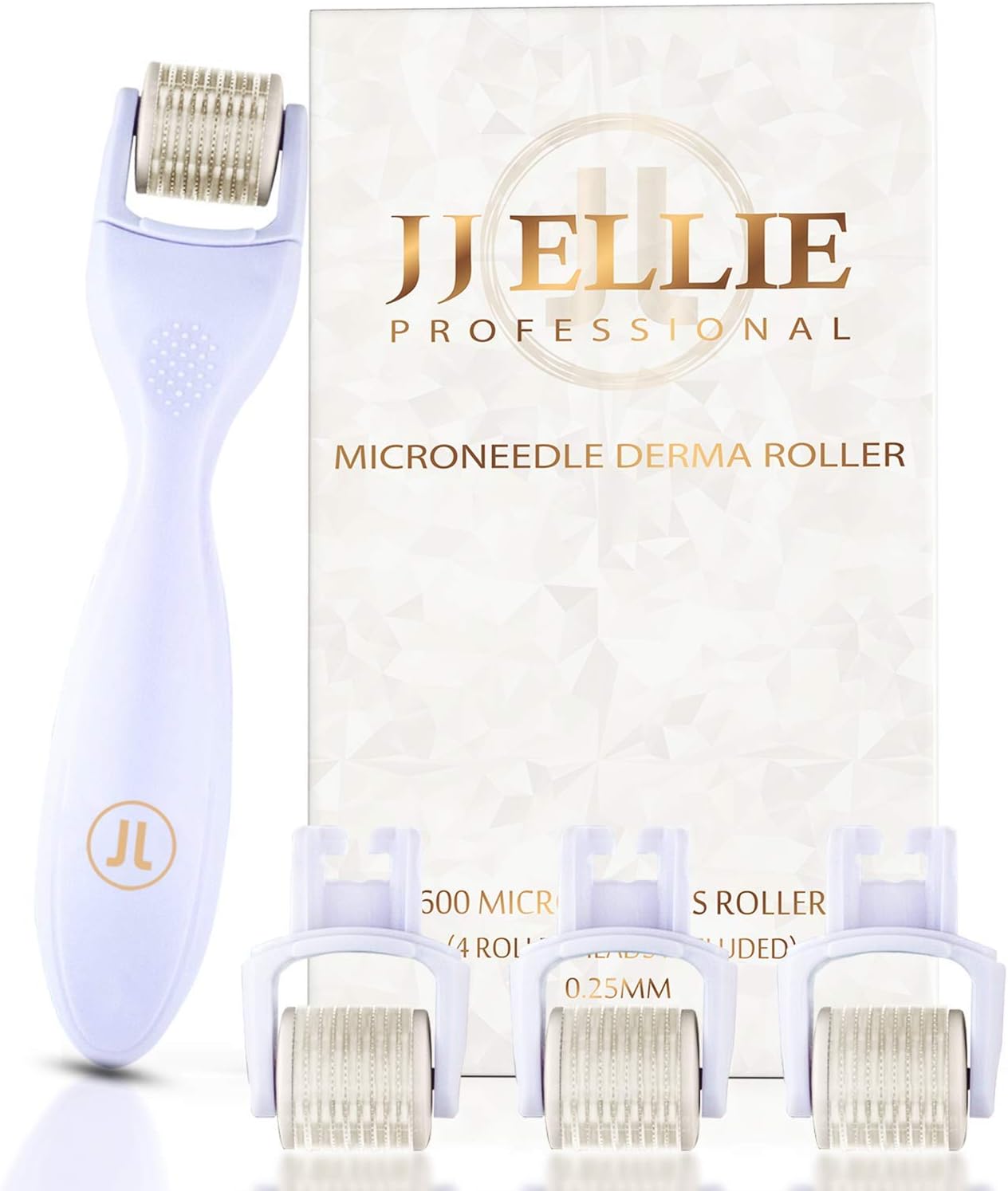 Derma Roller Microneedle Skin Care Kit for Face and Body with FOUR Professional Grade 0.25 mm Titanium Replacement Dermaroller Heads, 3 Disinfecting Caps, and Case - Dermaplaning tool