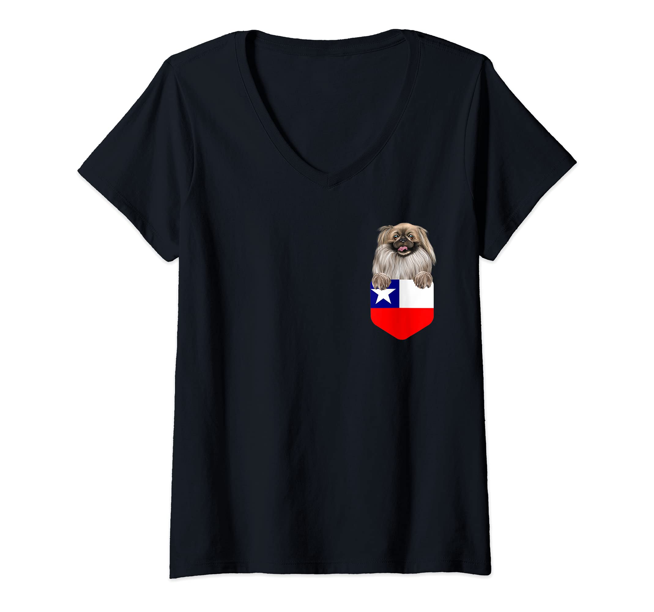 Womens Chile Flag Pekingese Dog In Pocket V-Neck T-Shirt