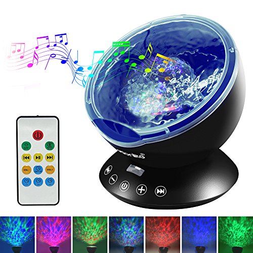 Emotionlite Ocean Wave Projector Night Light with Built-in Mini Relaxing Music Speaker and Remote Control 12 LED &7 Colors Changing Modes for Kids Adult Living Room and Bedroom (Black)