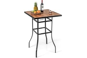 Tangkula 27.5 Inch Patio Bar Table, Outdoor Bar Height Table with 1.5" Umbrella Hole, Wooden-Like Tabletop & Heavy-Duty Metal Frame, Square Bistro High Top Table for Backyard, Balcony, Poolside