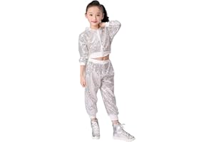 Kids Girls Sequin Dance Outfit Crop Sequin Top Metallic Jogger Pants Set Kids Toddler Sparkly Hip Hop Jazz Dance Clothes