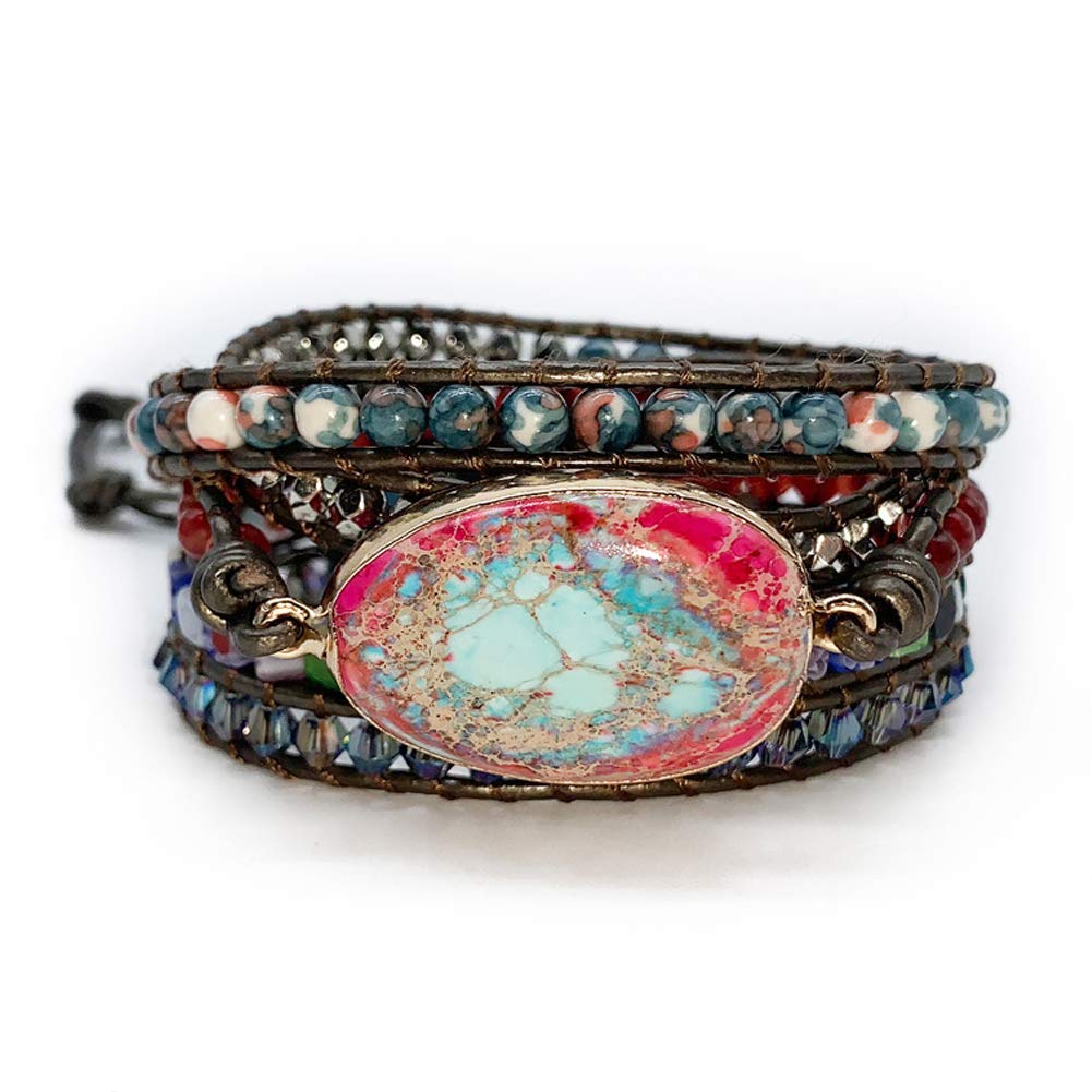 ZOSOJONA Boho Handmade Natural Stone Wrap Bracelet Turquoises Crystal Beads, Leather