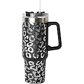 Lashicorn 40 Oz. Tumbler with Handle and Straw Black Leopard Silver 10” tall Cup lid included Insulated Stainless Steel Vacuum Travel Mug Boutique Cheetah Print