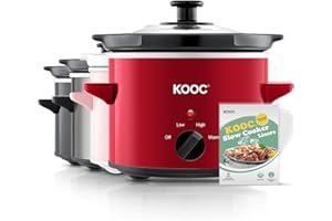KOOC Small Slow Cooker, 2 Quart, Free Liners Included for Easy Clean-up, Upgraded Ceramic Pot, Adjustable Temp, Nutrient Loss Reduction, Stainless Steel, Red, Round