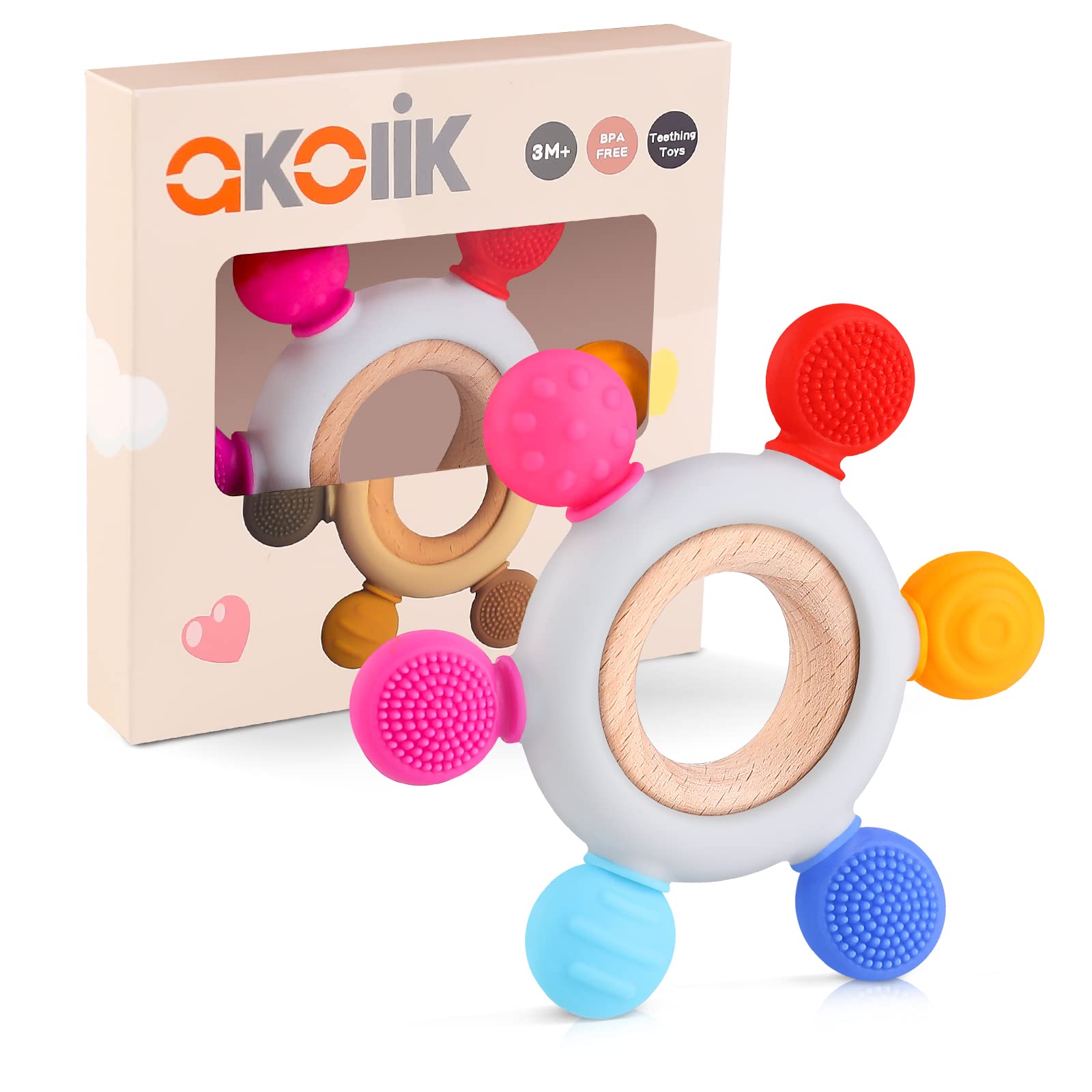 akolik Teething Toys for Baby, Baby teether, Silicone Teething for Babies 0-6 6-12 Months, BPA-Free with Wooden Ring Silicone Chewable Teether (Rudder c)