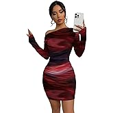 Xuani Women's Sexy Off The Shoulder Bodycon Mini Dress Tie Dye Long Sleeve Ruched Asymmetrical Club Dresses (US, Alpha, Medium, Regular, Regular, Red Tie Dye)