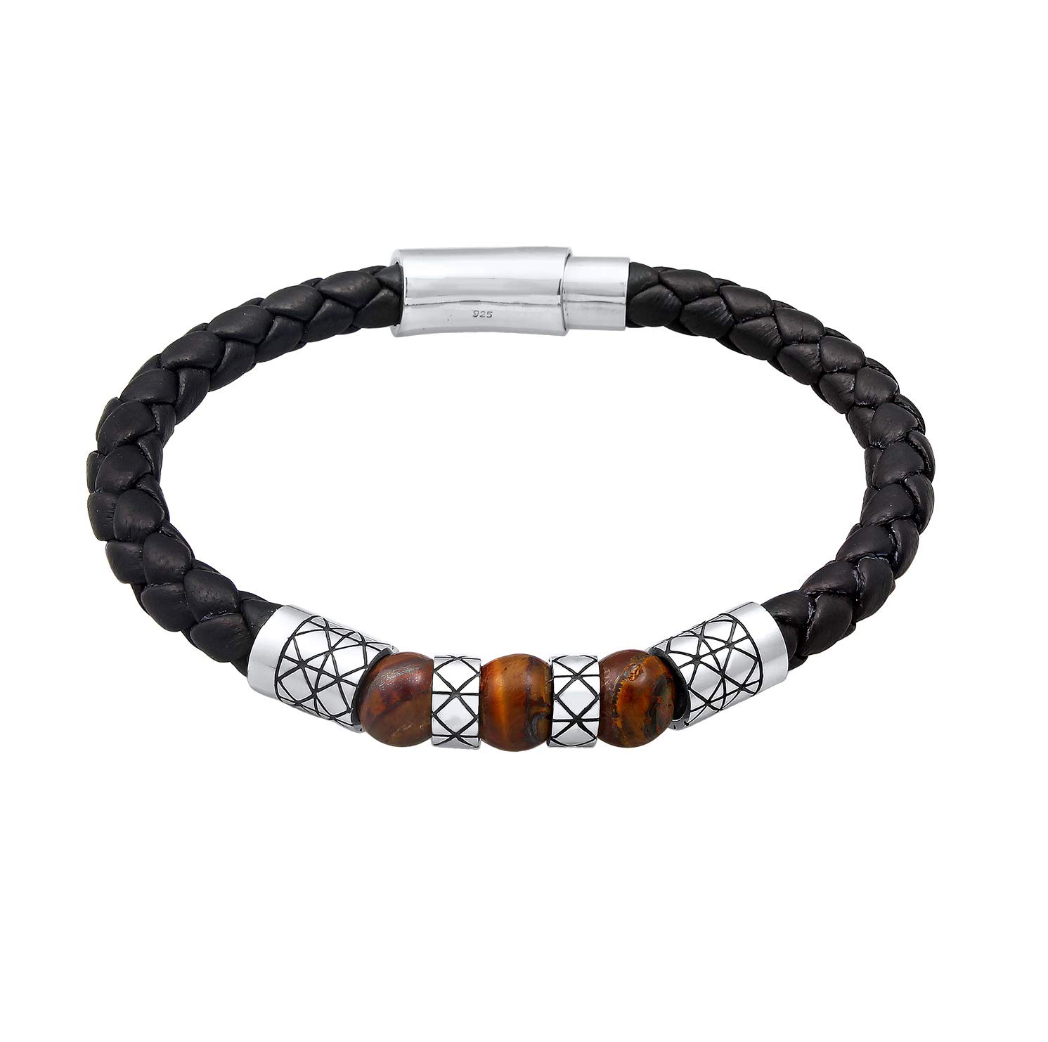 Kuzzoi - Men's Leather Bracelet from in Black with Solid Magnetic Clasp and 925 Sterling Silver 6 mm