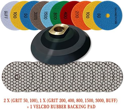 CHANGE MOORE Dry Diamond Polishing Pads 4" for Marble Granite Travertine Terrazzo Concrete Stones, 10 PCS and 1 Velcro Rubber Backing Pad (5/8" arbor)